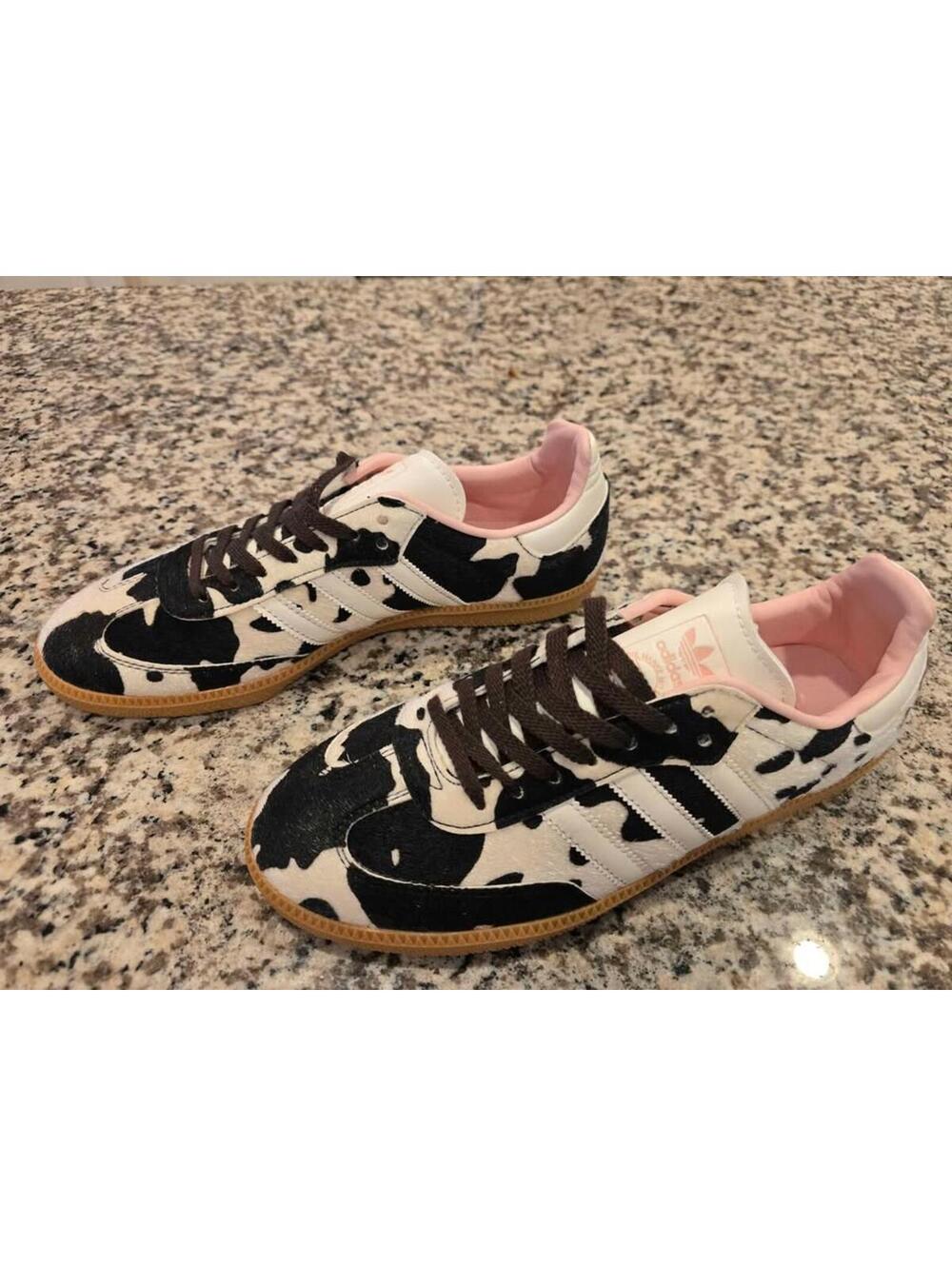 adidas Cow Print Samba Sneakers in Black and White with Pink Lining - Picture 4 of 9